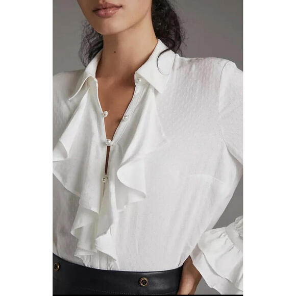 Anthropologie Tops - Anthropologie Ruffled Button Up Blouse Womens XS White Pearl Buttons NWOT
